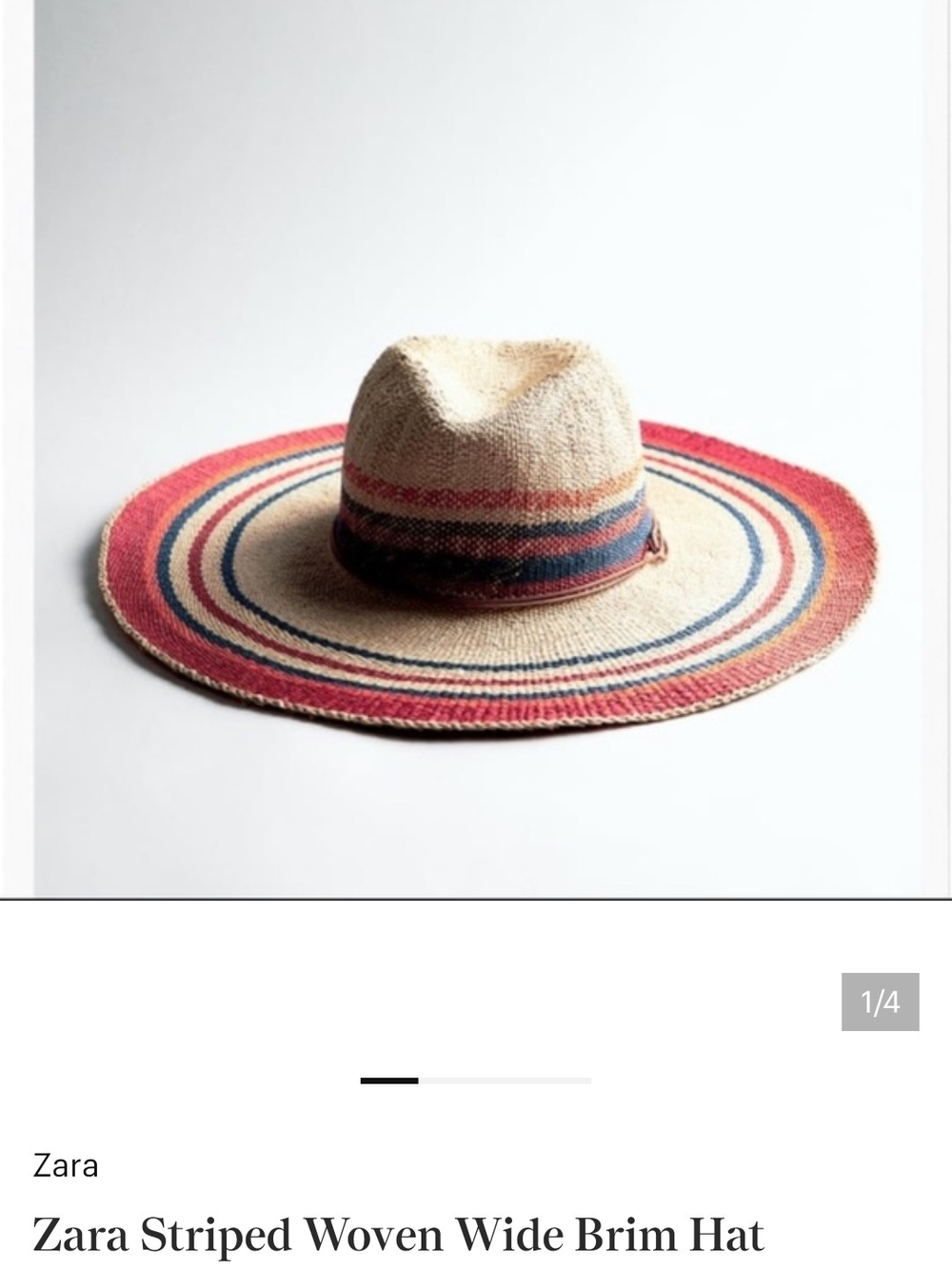 Zara Wide Brim Woven Straw Hat with Red and Blue Stripes